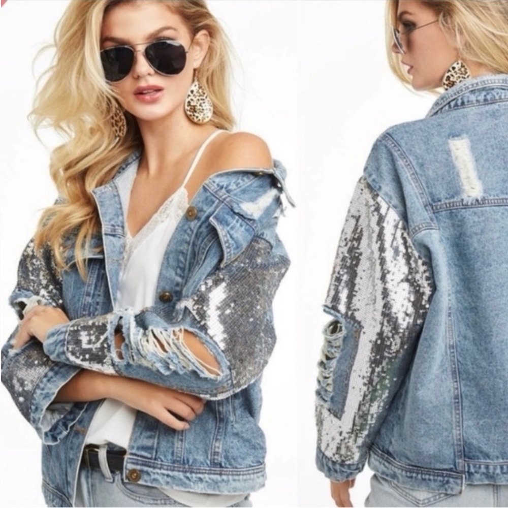 Macaron Distressed Sequin Denim Jacket